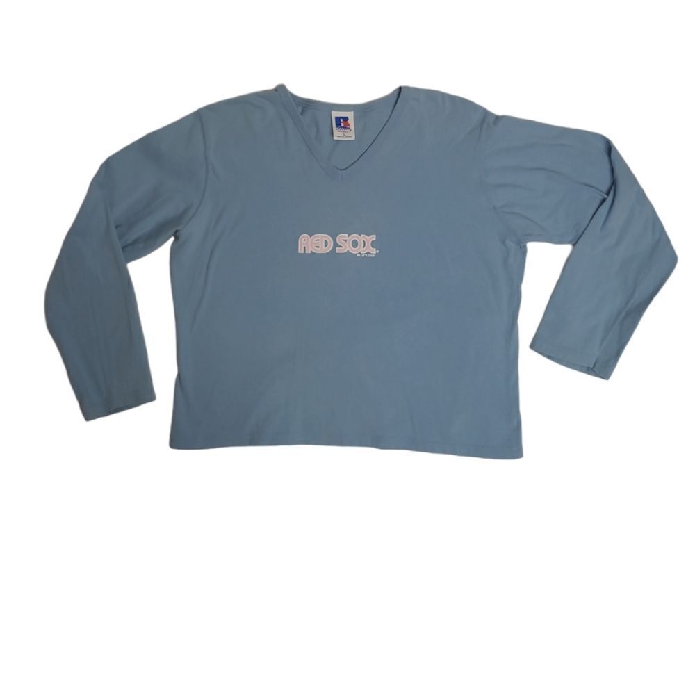 Y2K Red Sox baby blue spellout long sleeve v-neck boxy tee shirt L
